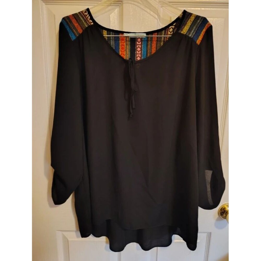 maurices Women’s Black Sheer Chiffon Striped Yoke Scoop Neck Roll Tab Blouse XL